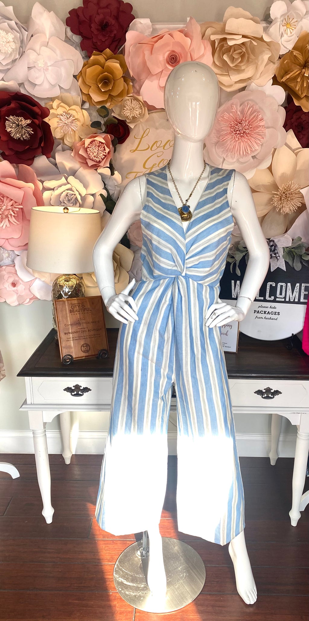Light Blue Sleeveless Stripe Jumpsuit