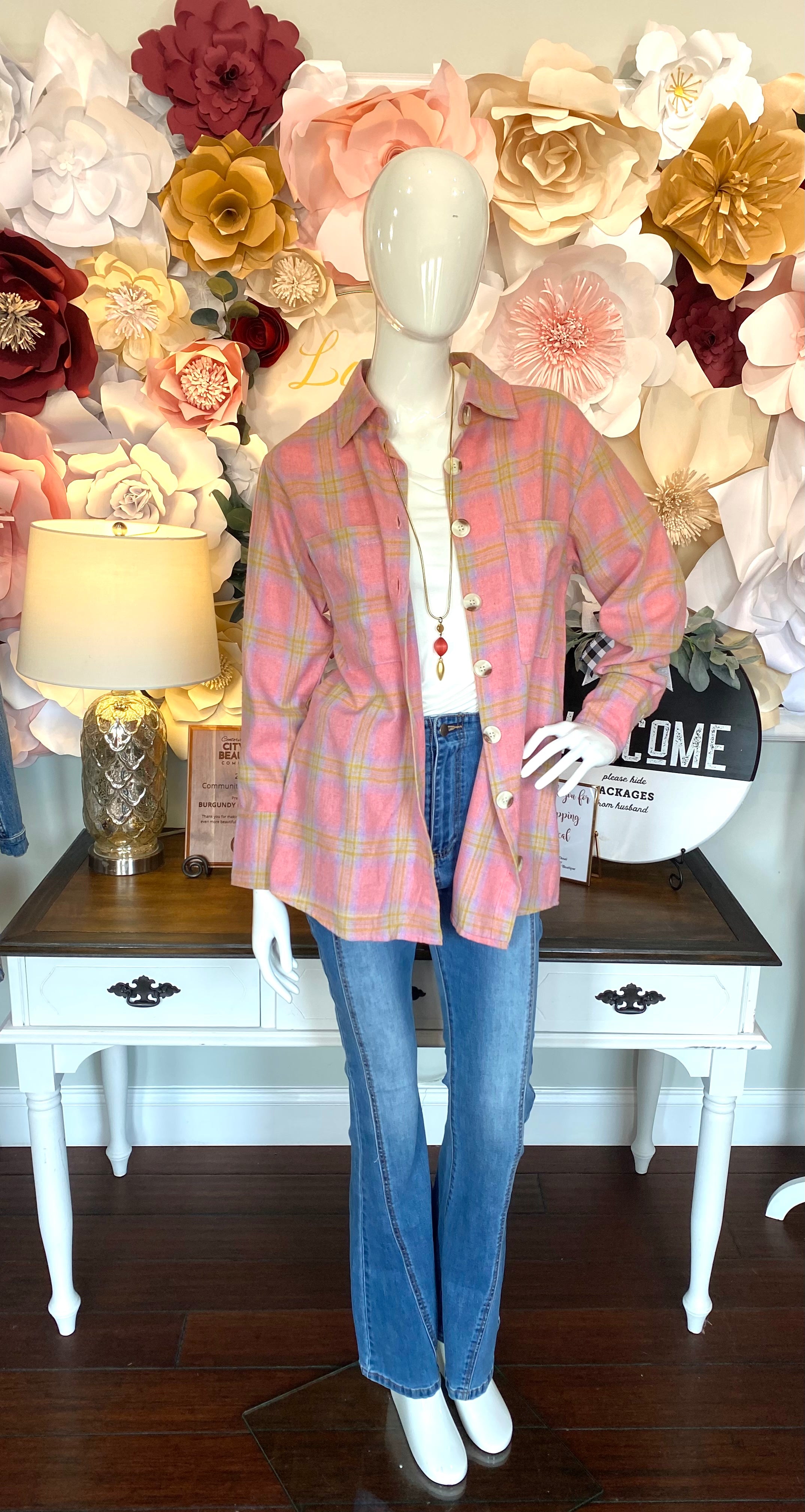 Soft Pink/Yellow Plaid Button Top