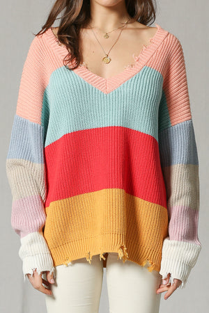 Color Block Distressed V-neck Sweater