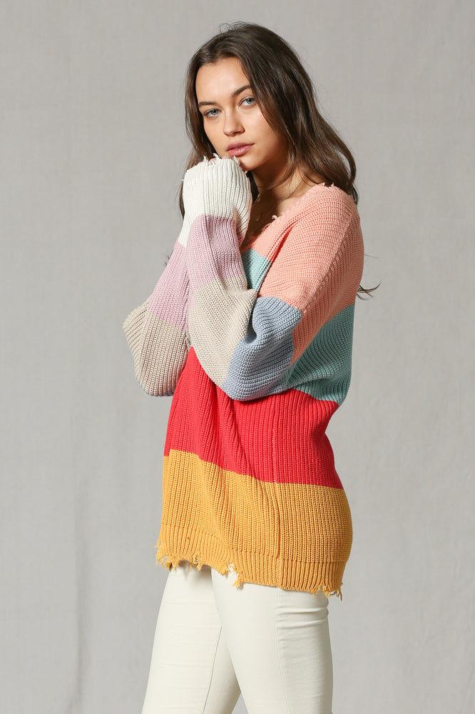 Color Block Distressed V-neck Sweater