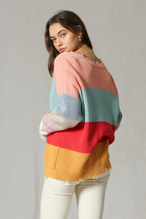 Color Block Distressed V-neck Sweater