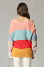 Color Block Distressed V-neck Sweater