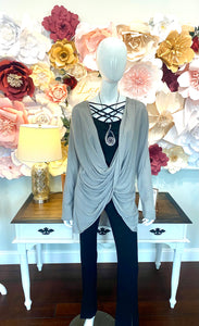 Grey Long Sleeve Twisted Front Top