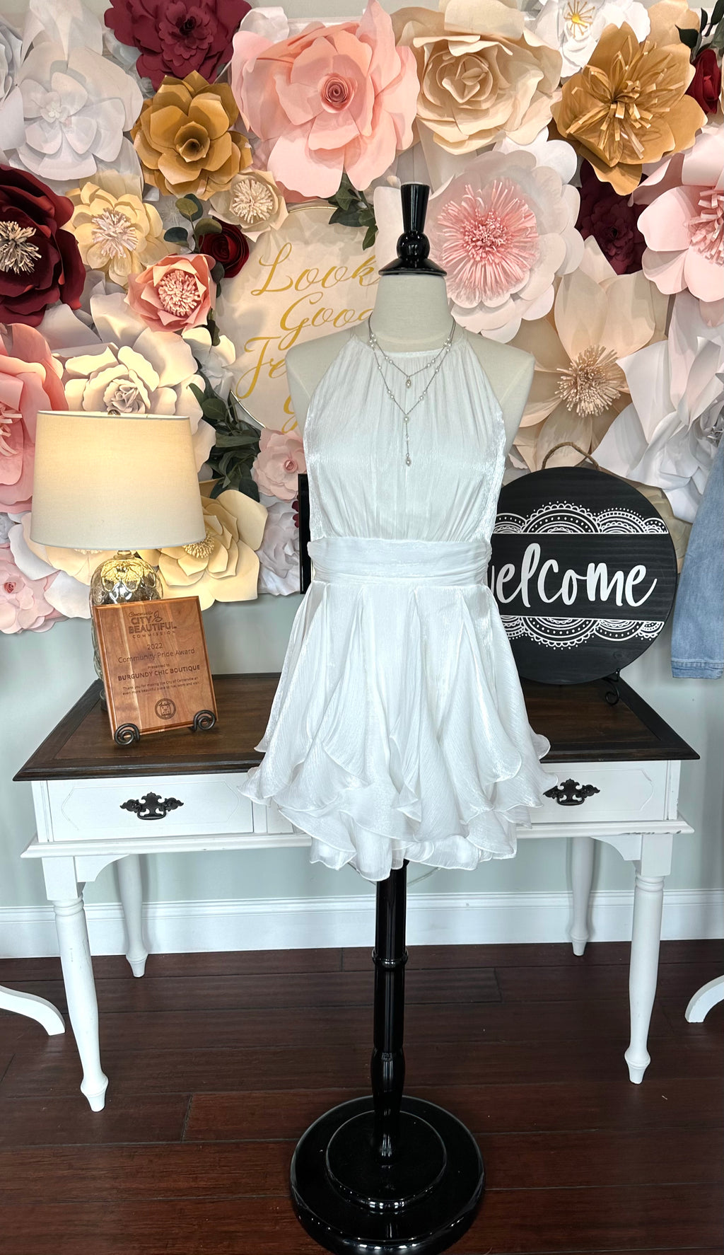 White Halter Neck Ruffle Mini dress
